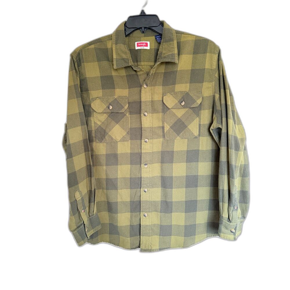 Wrangler Men's XL‎ Olive Green Buffalo Plaid Flannel Shirt Relaxed Fit Cotton